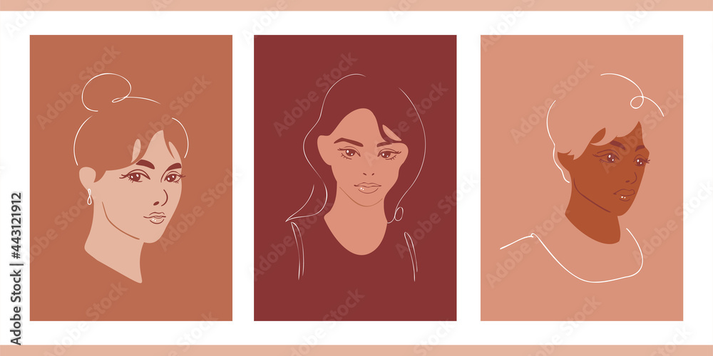 Set of three minimalistic posters with girls. Hand drawn illustration of young women on a background of abstract shapes. Backgrounds for interiors, social networks, advertising. Cartoon cute portraits Set of three minimalistic posters with girls. Hand drawn illustration of young women on a background of abstract shapes. Backgrounds for interiors, social networks, advertising. Cartoon cute portraits