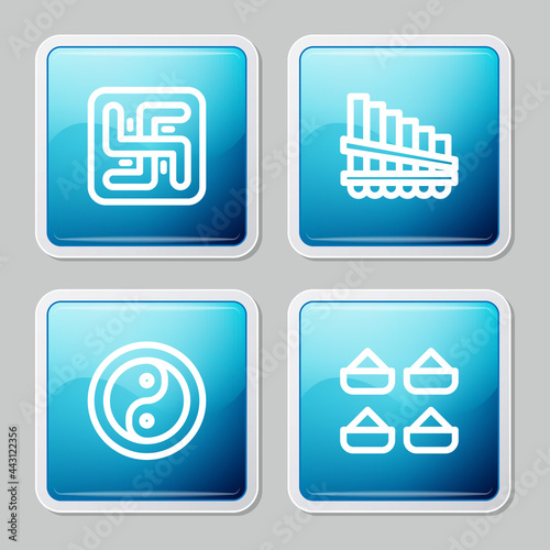 Set line Hindu swastika, Pan flute, Yin Yang and Indian spice icon. Vector