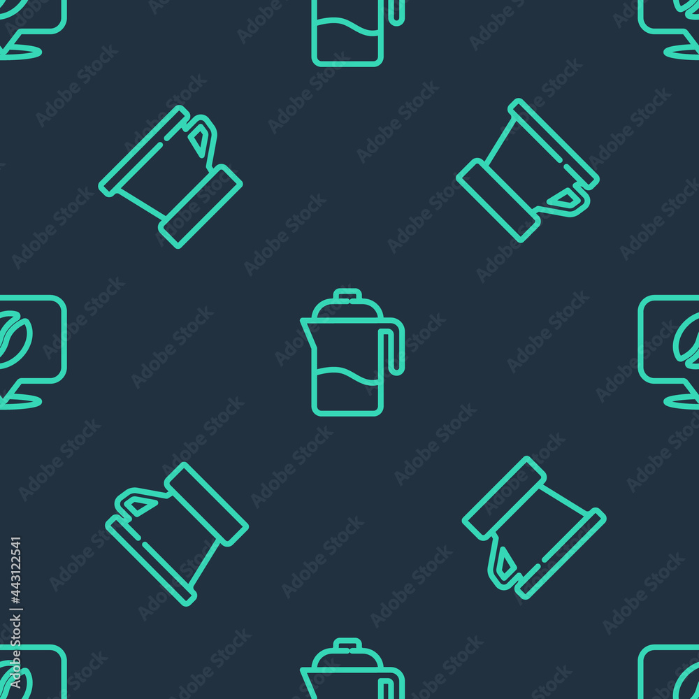 Set line French press, V60 coffee maker and Location with bean on seamless pattern. Vector