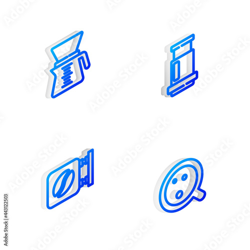 Set Isometric line Aeropress coffee, Pour over maker, Street signboard and Coffee cup icon. Vector