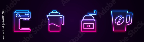 Set line Coffee machine, French press, Manual coffee grinder and cup. Glowing neon icon. Vector