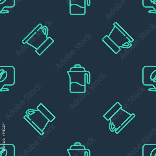 Set line French press, V60 coffee maker and Location with bean on seamless pattern. Vector