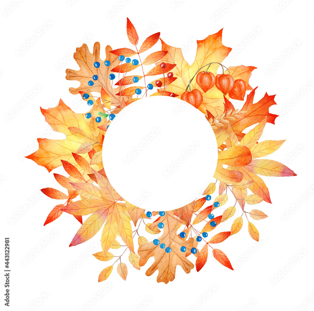 Autumn leaves round frame. Hand painted watercolor clipart. Fall illustration.