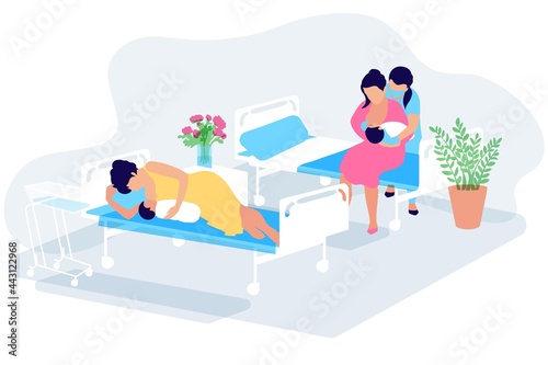Two woman with newborn babies in a hospital postpartum ward staying with an infant. First days after childbirth, breastfeeding support. Lying and sitting breastfeeding positions. Hospital Ward vector