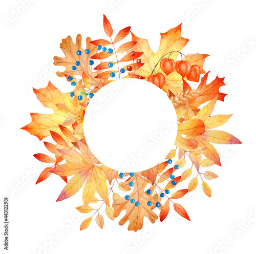 Obraz na płótnie Autumn leaves round frame. Hand painted watercolor clipart. Fall illustration. w salonie