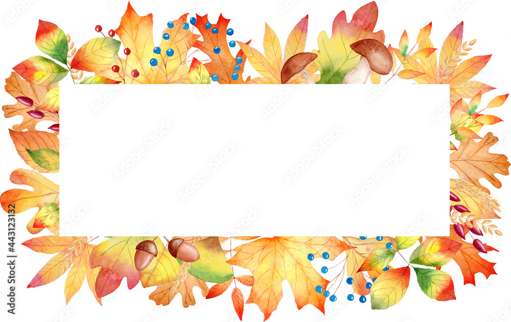 Fall leaves frame watercolor clipart. Autumn orange leaf illustration. Clip art for invitations, greeting cards.