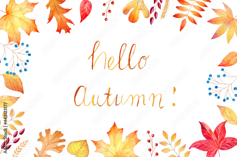 Watercolor fall leaves frame isolated on white background. Autumn clipart for invitations.