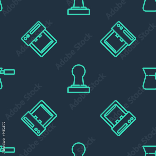Set line Coffee tamper, machine and turk on seamless pattern. Vector