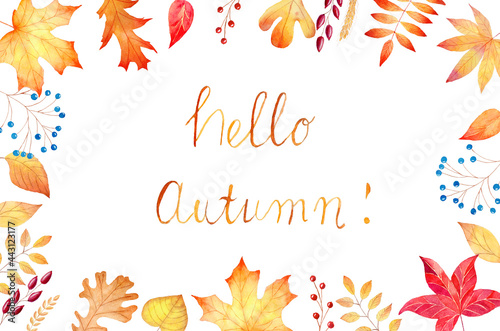 Obraz na płótnie Watercolor fall leaves frame isolated on white background. Autumn clipart for invitations. w salonie