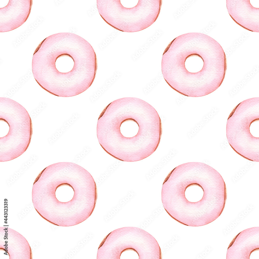 Pink donuts watercolor clipart digital paper. Hand drawn sweet food illustration. Graphics for diy, scrapbooking.