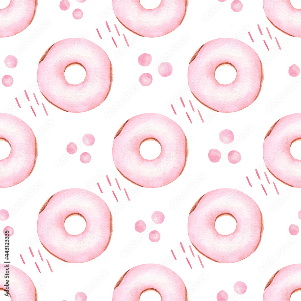 Pink donuts watercolor clipart digital paper. Hand painted sweet bakery food illustration.