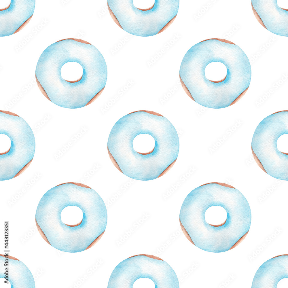 Blue donuts watercolor clipart digital paper. Hand painted seamless pattern.