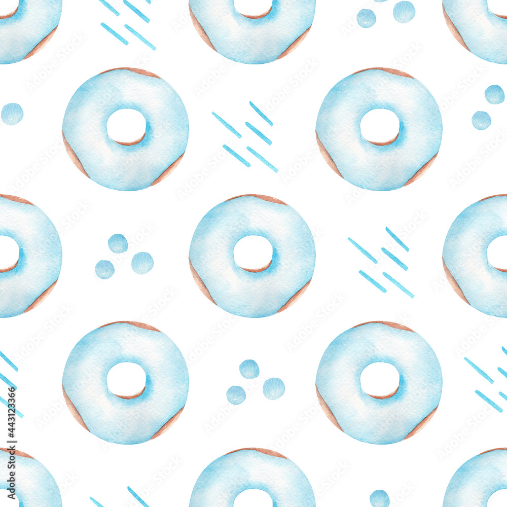 Blue donuts watercolor clipart. Seamless pattern digital paper. Summer graphics.