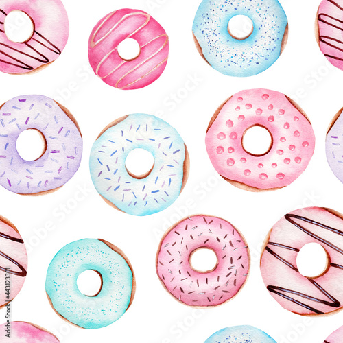 Donuts watercolor clipart seamless pattern. Hand painted digital paper. Graphics for diy, scrapbooking.