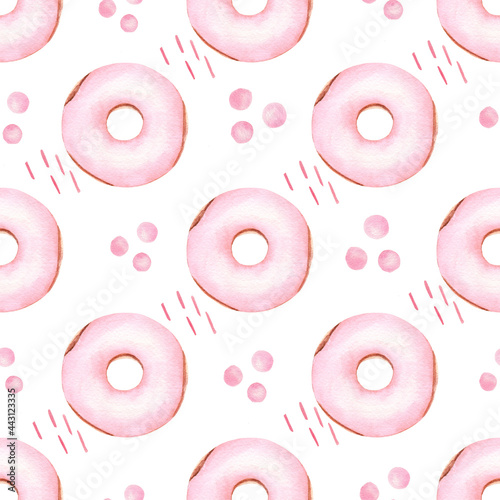 Obraz na płótnie Pink donuts watercolor clipart digital paper. Hand painted sweet bakery food illustration. w salonie