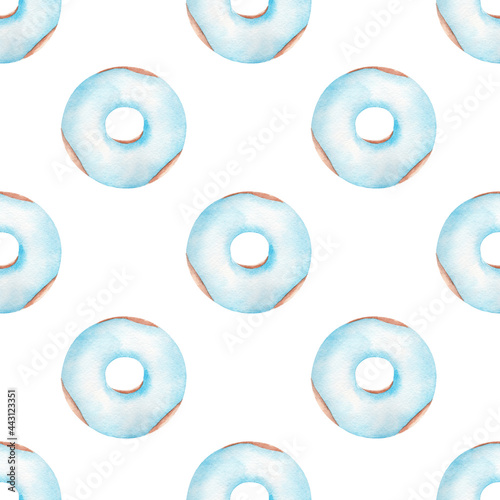 Obraz na płótnie Blue donuts watercolor clipart digital paper. Hand painted seamless pattern. w salonie