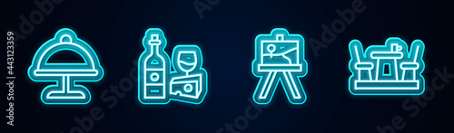 Set line Covered with tray, Wine bottle cheese, Easel or painting art boards and French cafe. Glowing neon icon. Vector
