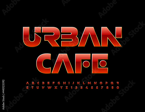 Vector trendy sign Urban Cafe. Red and Gold Alphabet Letters and Numbers. Creative modern Font
