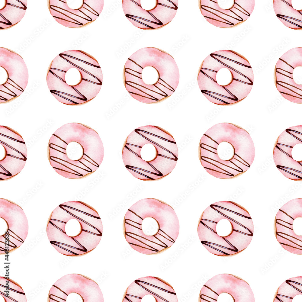 Donuts watercolor clipart seamless pattern. Hand painted digital paper.