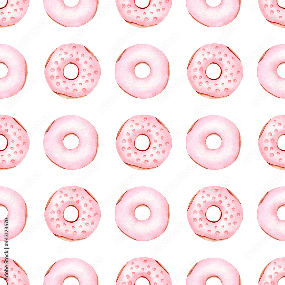 Watercolor pink donuts digital paper. Seamless pattern illustration. Food graphics.