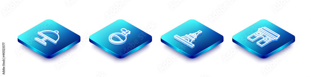 Set Isometric line Covered with tray, Perfume, Eiffel tower and Triumphal Arch icon. Vector Set Isometric line Covered with tray, Perfume, Eiffel tower and Triumphal Arch icon. Vector