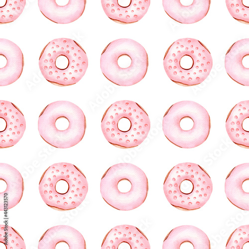 Watercolor pink donuts digital paper. Seamless pattern illustration. Food graphics.