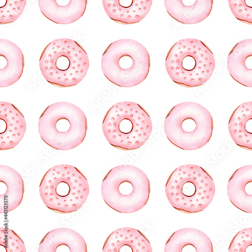 Obraz na płótnie Watercolor pink donuts digital paper. Seamless pattern illustration. Food graphics. w salonie
