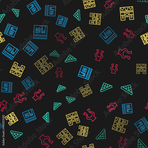 Set line Coffee shop, Louvre museum, Notre Dame and Frog legs on seamless pattern. Vector