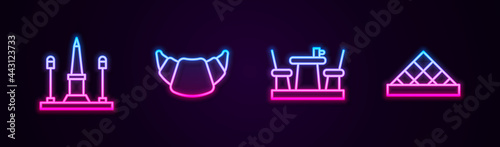 Set line Place De La Concorde, Croissant, French cafe and Louvre museum. Glowing neon icon. Vector