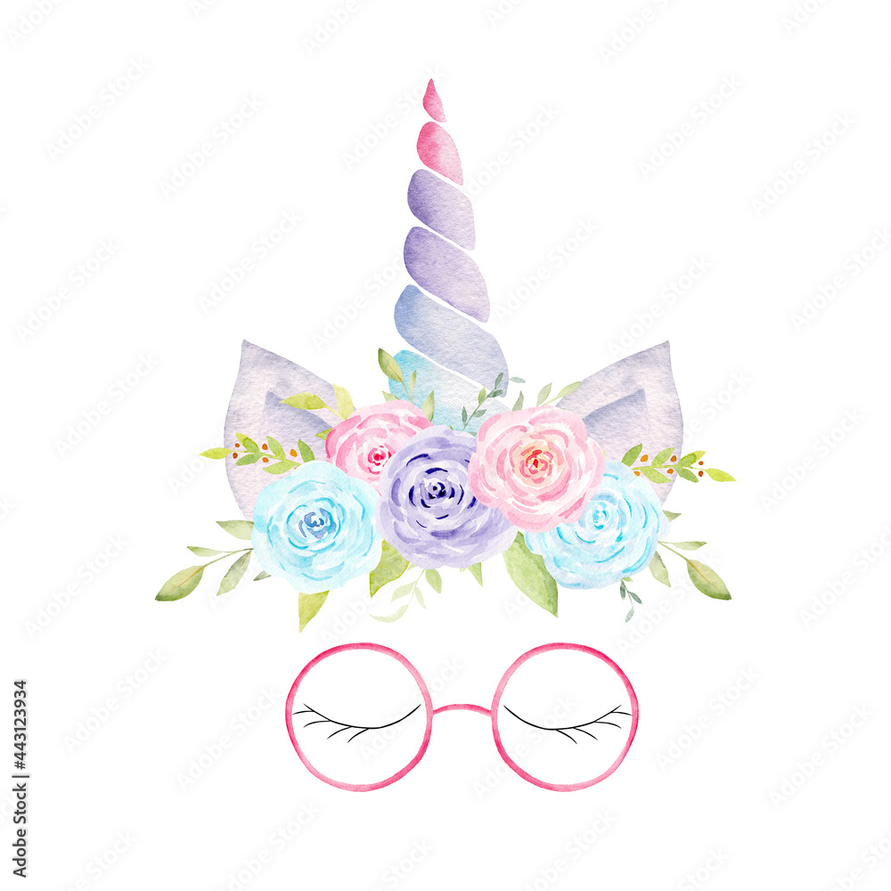 Watercolor unicorn head with flowers, ears, corn, glasses, lashes. Hand painted fantasy clipart.