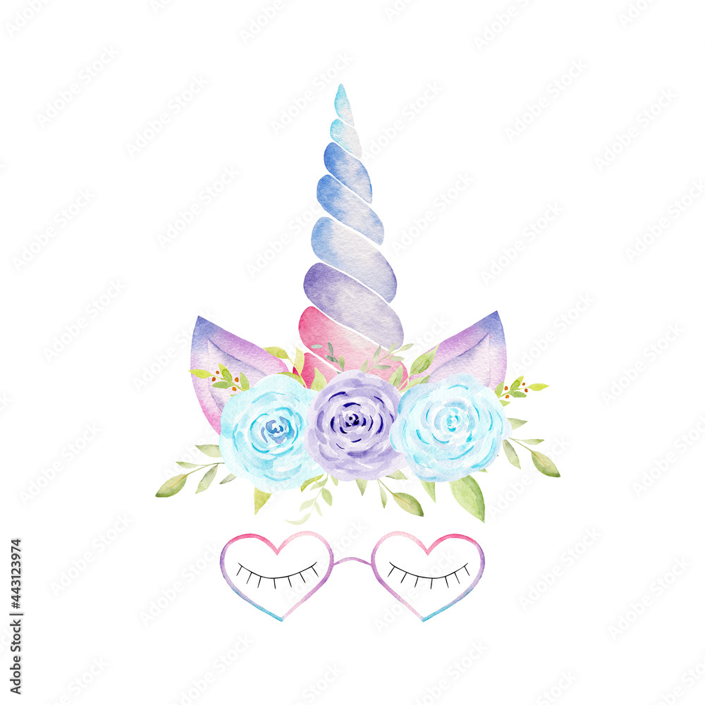 Unicorn head with corn, ears, flowers, lashes, glasses watercolor clipart. Hand drawn illustration.