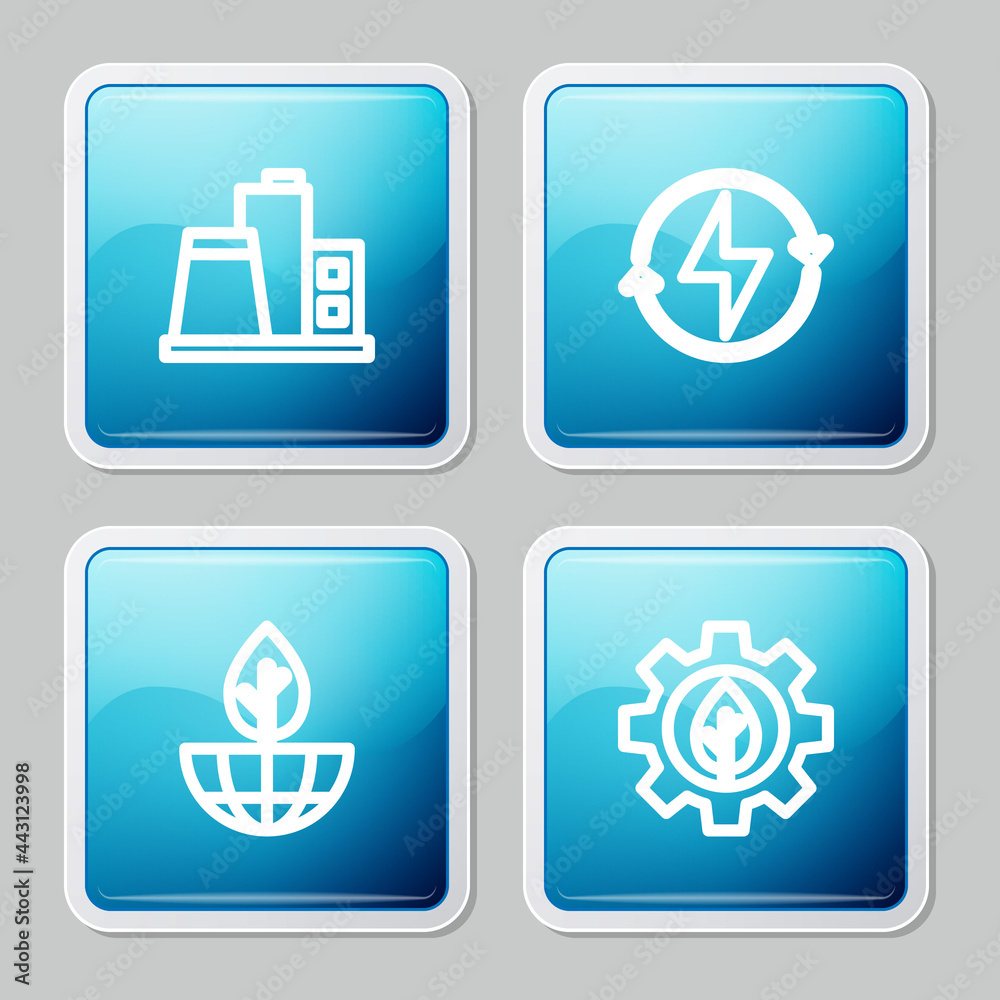 Set line Factory, Lightning bolt, Earth globe and plant and Leaf gear machine icon. Vector Set line Factory, Lightning bolt, Earth globe and plant and Leaf gear machine icon. Vector
