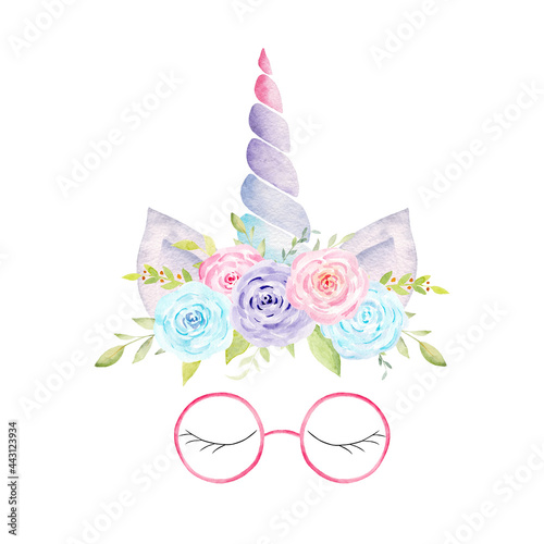 Obraz na płótnie Watercolor unicorn head with flowers, ears, corn, glasses, lashes. Hand painted fantasy clipart. w salonie