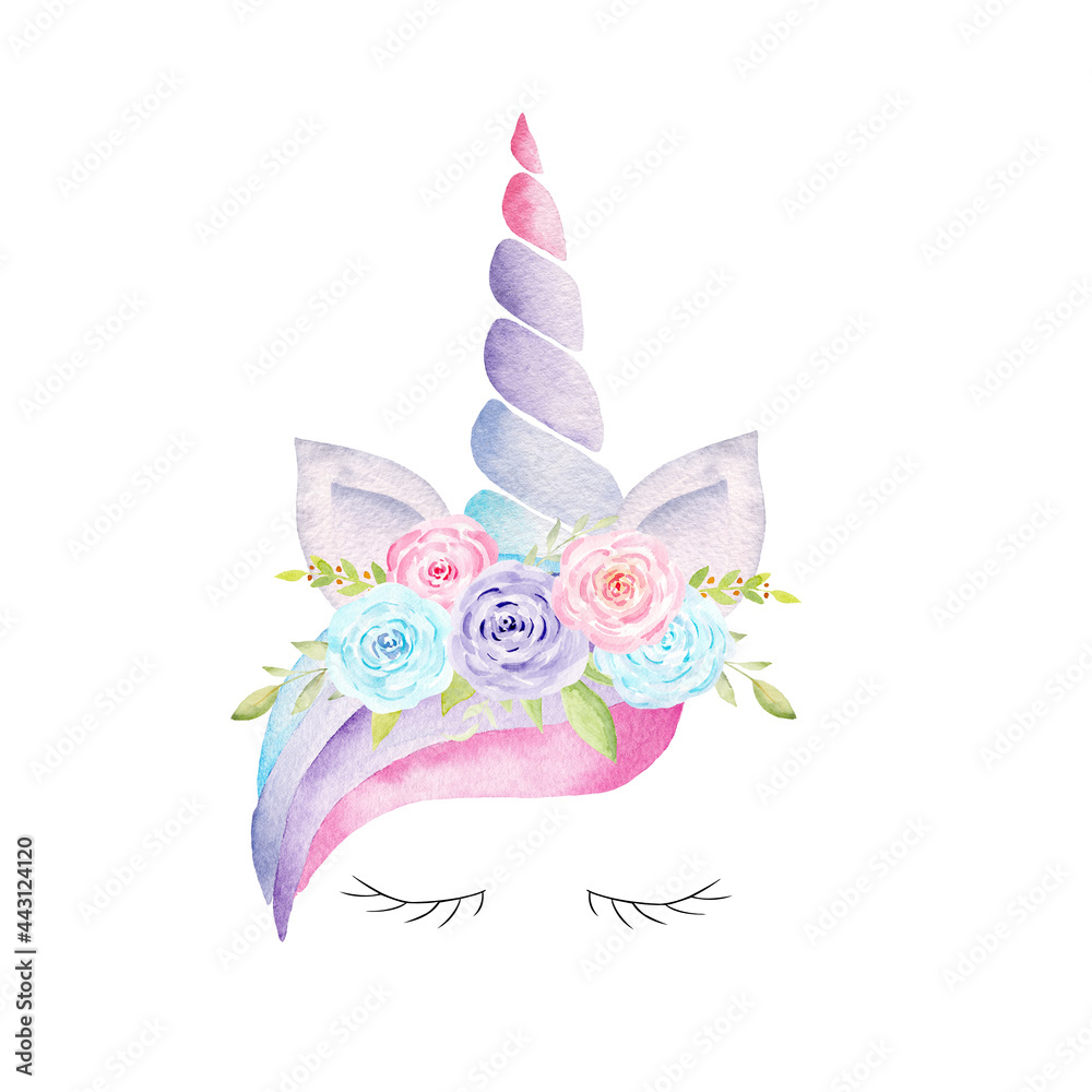 Watercolor fantasy unicorn head. Hand painted clipart.