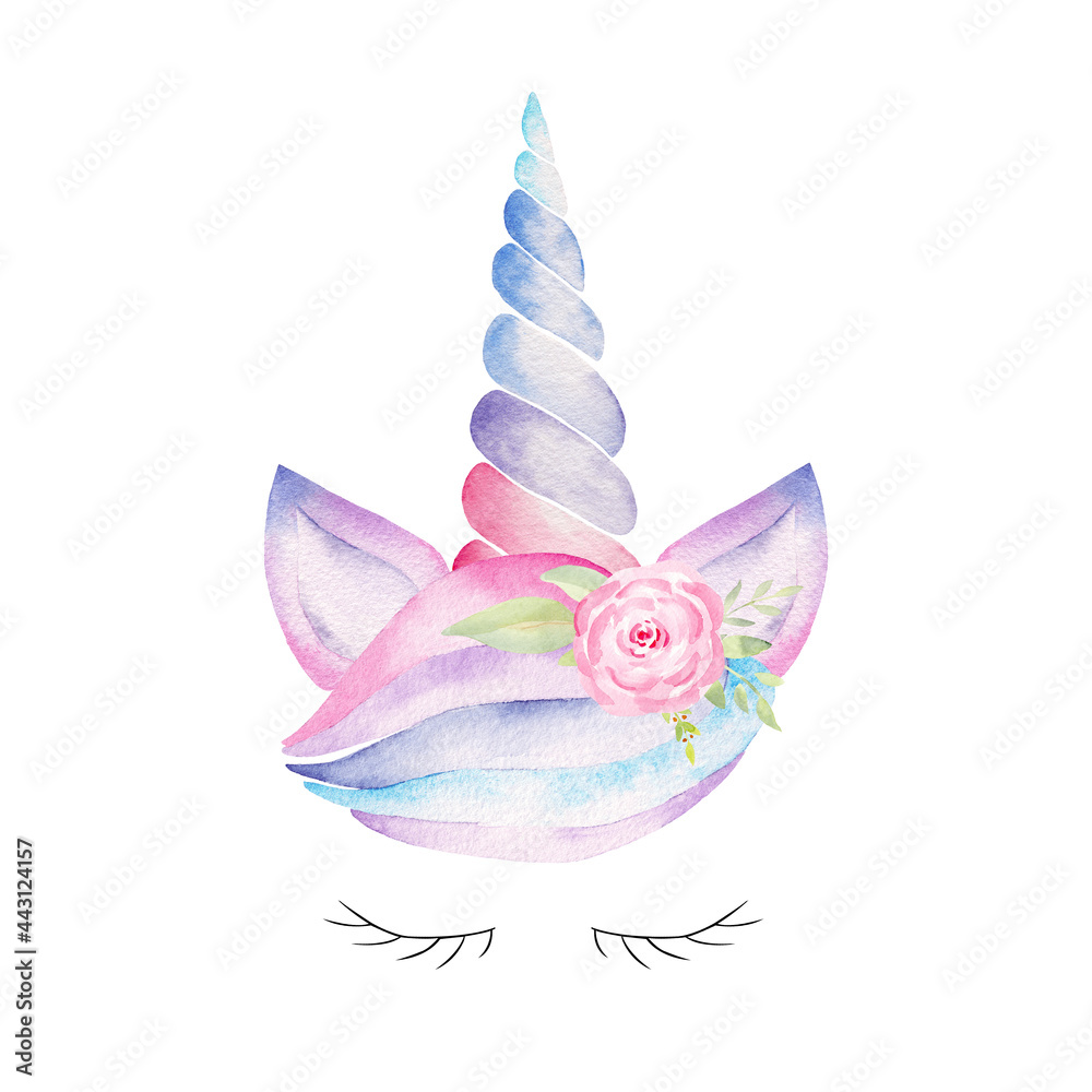 Watercolor unicorn head. Hand painted clipart. Fantasy illustration.