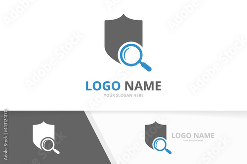 Vector shield and loupe logo combination. Safe seach logotype design template.
