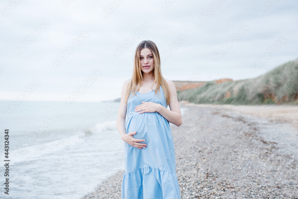 Pregnant woman wear blue stylish dress posing hold tummy at beach over sea shore outdoors. Motherhood. Maternity. Looking at camera. Pregnant woman wear blue stylish dress posing hold tummy at beach over sea shore outdoors. Motherhood. Maternity. Looking at camera.