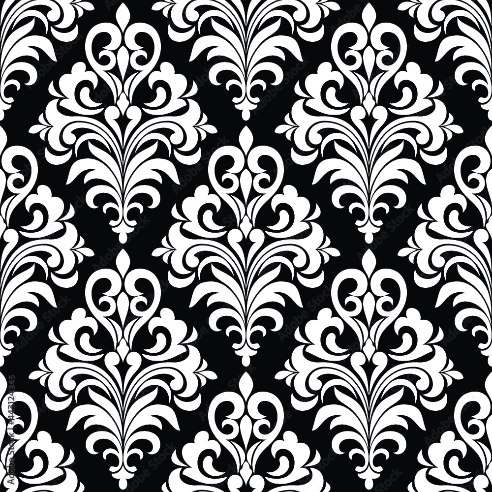Floral baroque damask seamless pattern. royal wallpaper black and white ornamental vector background.