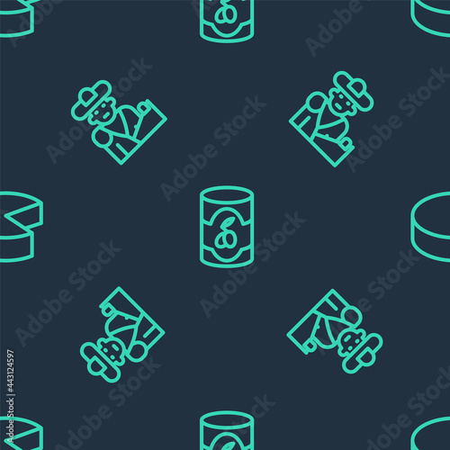 Set line Olives in can, Bullfight, matador and Cheese on seamless pattern. Vector