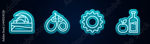 Set line Concert hall de Tenerife, Castanets, Sun and Apple cider bottle. Glowing neon icon. Vector