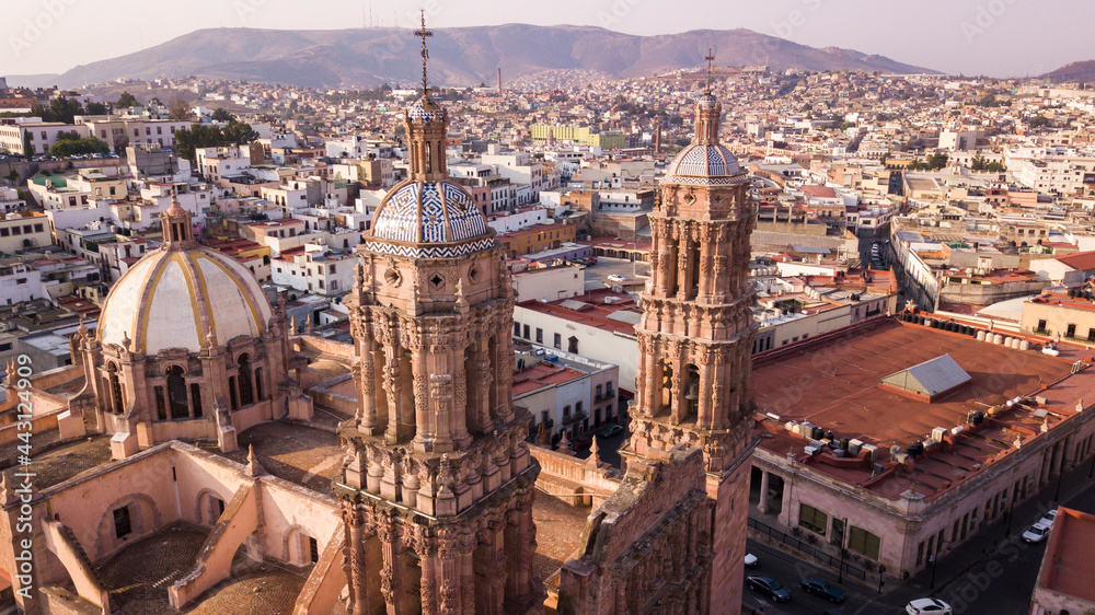 Sunrise aerial view of the historic colonial center of Zacatecas City, Zacatecas, Mexico.