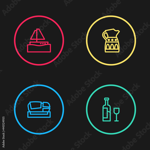 Set line Stadium Mestalla, Wine bottle with glass, Sangria pitcher and Yacht sailboat icon. Vector
