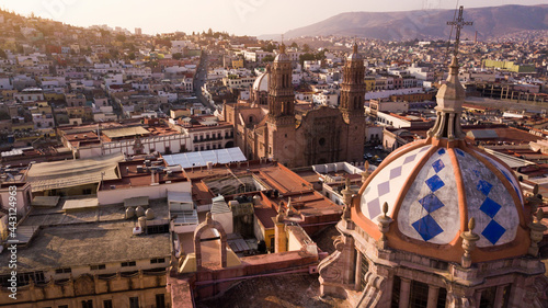 Sunrise aerial view of the historic colonial center of Zacatecas City, Zacatecas, Mexico.
