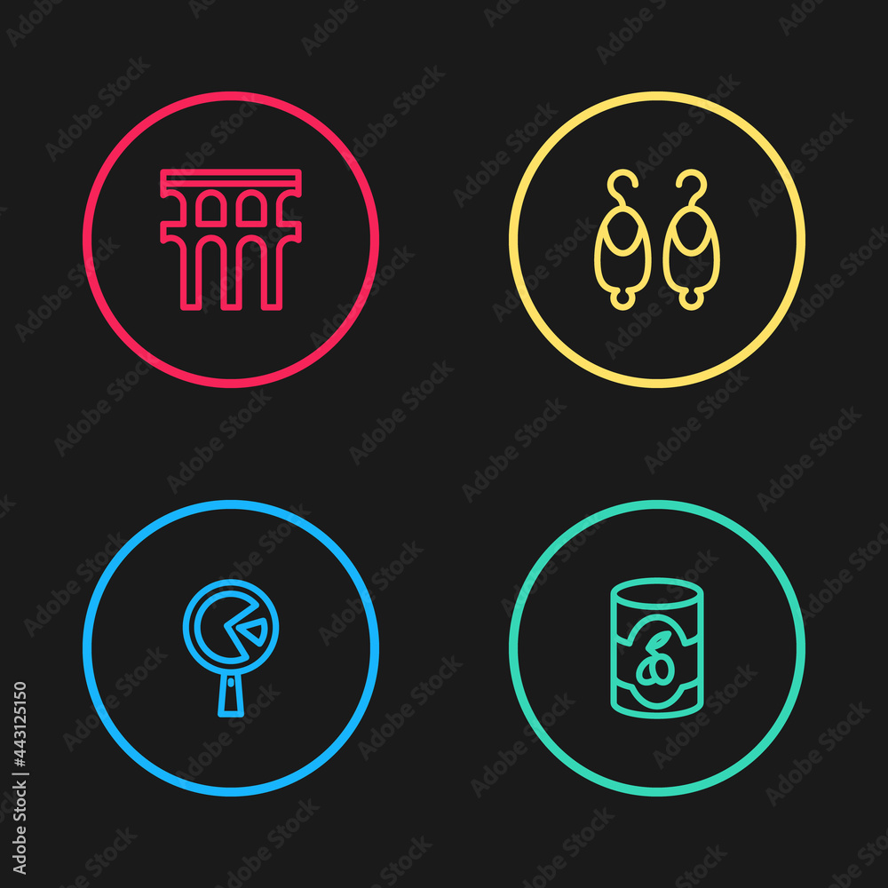 Set line Omelette in frying pan, Olives can, Earrings and Aqueduct of Segovia icon. Vector Set line Omelette in frying pan, Olives can, Earrings and Aqueduct of Segovia icon. Vector