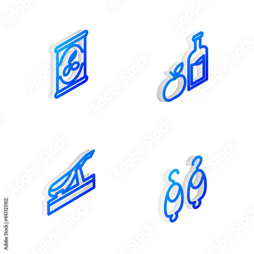 Set Isometric line Apple cider bottle  Olives in can  Spanish jamon and Earrings icon. Vector