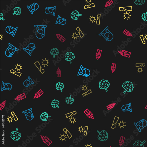 Set line Spanish woman, Orange tree, Beach and Giralda on seamless pattern. Vector