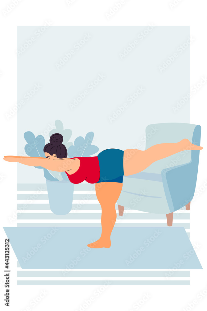 woman stands on one leg in Tuladandasana and Virabhadrasana asana. taking care of yourself and love for your body. diet, sports and weight loss at home. relieving stress in pandemic. stock vector. woman stands on one leg in Tuladandasana and Virabhadrasana asana. taking care of yourself and love for your body. diet, sports and weight loss at home. relieving stress in pandemic. stock vector.