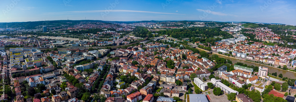  Aerial view of the city Stuttgart, Bad Cannstatt and the old town on a sunny day in Spring 