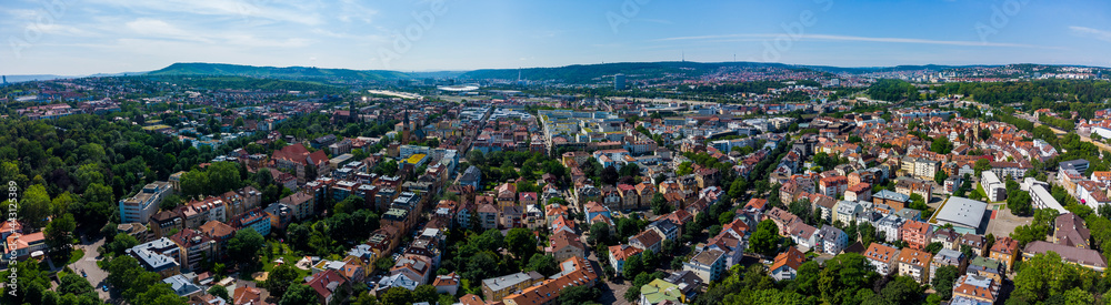  Aerial view of the city Stuttgart, Bad Cannstatt and the old town on a sunny day in Spring 