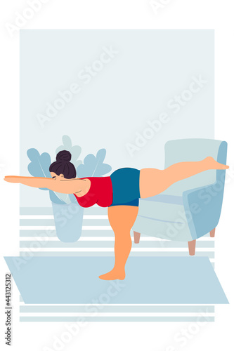 woman stands on one leg in Tuladandasana and Virabhadrasana asana. taking care of yourself and love for your body. diet, sports and weight loss at home. relieving stress in  pandemic. stock vector.